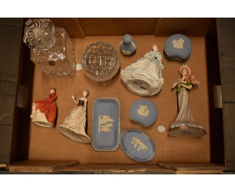 A mixed collection of items to include Royal Doulton figure Emma HN3208, Royal Worcester Nicola, Coalport Molly, Wedgwood blu