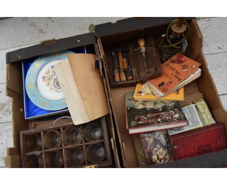 A mixed collection of items to include a lampbase, glasses, Aynsley plate, books, tools etc. NO POSTAGE. 