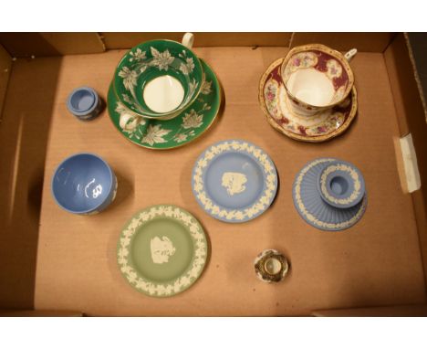 A mixed collection of pottery to include Wedgwood Jasperware in different colours to consist of pin trays, a candlestick, Roy