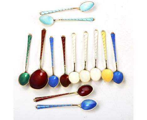 EGON LAURIDSEN - a set of 12 Danish vermeil sterling silver and harlequin enamel coffee spoons, and a similar preserve spoon,