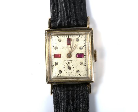 EASTON WATCH CO - a lady's Art Deco 14ct gold mechanical wristwatch, silvered dial with paste hour markers and subsidiary sec