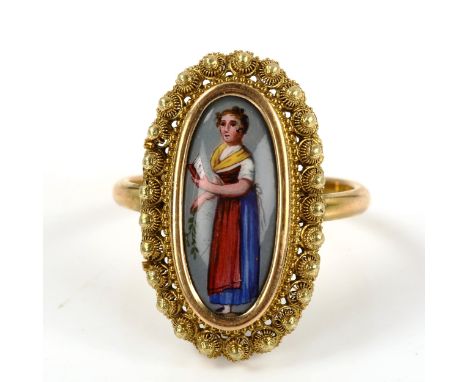 An Antique 9ct gold miniature hand painted enamel panel ring, depicting lady with book, within cannetille surround, signed No