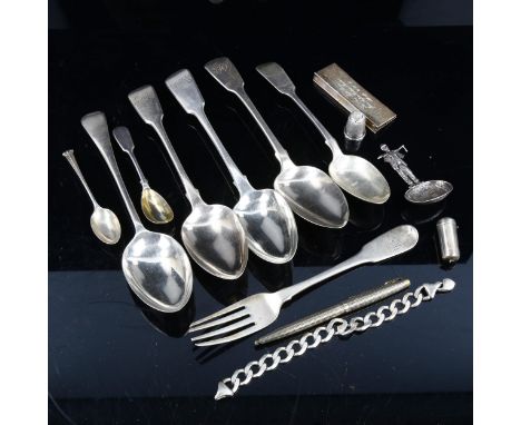 Various silver, including flatware, bracelet (A/F), Dutch caddy spoon, Charles Horner thimble, Parker sterling pen case etc, 