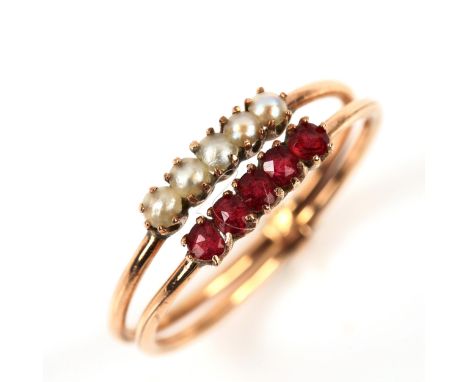 A Victorian 9ct rose gold ruby and pearl conjoined ring, setting height 5.1mm, size M, 0.9gNo damage or repairs, all stones p