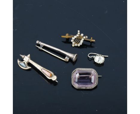 Various jewellery, including Georgian unmarked silver paste earring, Scottish silver and hardstone axe brooch etcLot sold as 