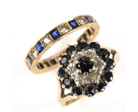 A 9ct gold sapphire and diamond cluster ring, and a 9ct gold stone set eternity ring, sizes R and O respectively, 6.6g total 