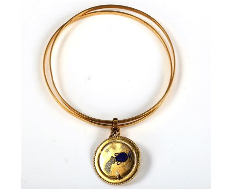 A Middle Eastern 18ct gold double slave bangle, with 18ct enamel urn charm, bangle internal diameter 6.5cm, 22.5gBangle sligh