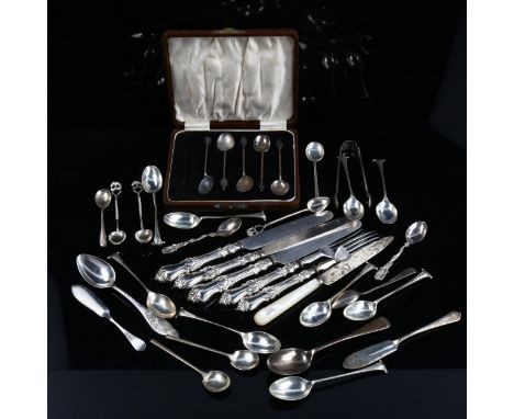 Various silver flatware, including spoons, silver-handled knives etc, 7.3oz weighableLot sold as seen unless specific item(s)