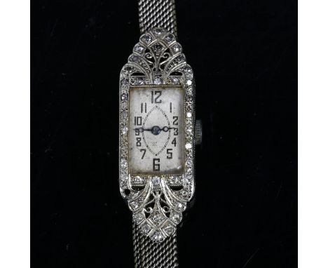 A lady's Art Deco 18ct white gold diamond mechanical cocktail wristwatch, rectangular silvered dial with Arabic numerals, blu