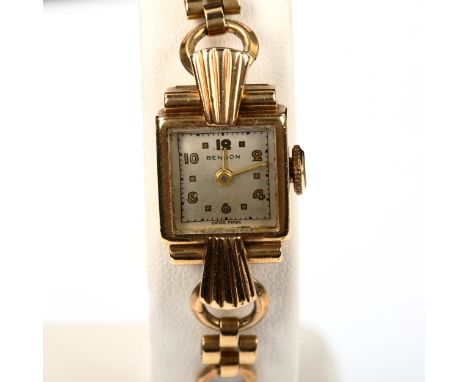 BENSON - a lady's 9ct gold mechanical bracelet watch, circa 1950, square silvered dial with gilt eighthly Arabic numerals and