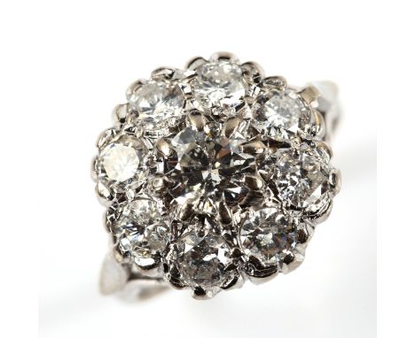 An 18ct white gold diamond cluster ring, set with modern round brilliant-cut diamonds, total diamond content approx 1.8ct, pr
