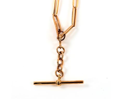 An unmarked rose gold fancy link Albert chain necklace, with 15ct T-bar and dog clip, chain length 37cm, 13.7g1 central link 