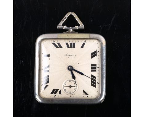 ASPREY - an Art Deco sterling silver-cased open-face keyless-wind pocket watch, square engine turned dial with Roman numeral 