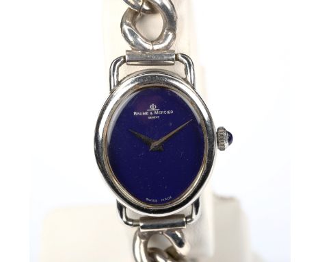 BAUME & MERCIER - a lady's stainless steel mechanical bracelet watch, ref. 1800, blue dial with steel hands and cabochon blue