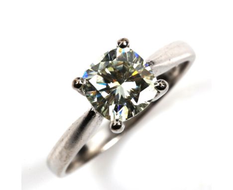 A modern 18ct white gold solitaire synthetic moissanite ring, moissanite measures: 6.51mm x 6.47mm x 4.21mm, size K, 3gNo dam