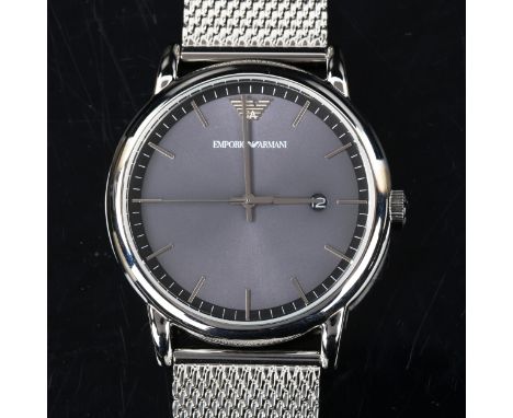 EMPORIO ARMANI - a stainless steel quartz bracelet watch, ref. AR-110069, black and grey dial with steel baton hour markers, 