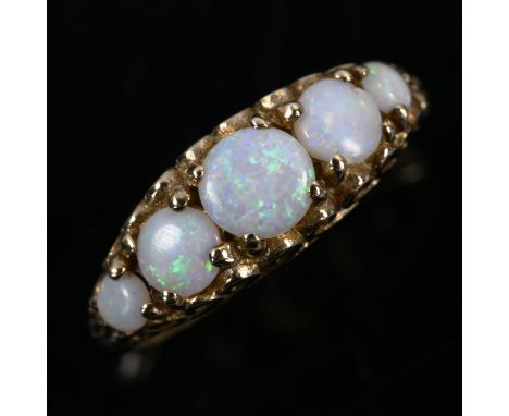 A late 20th century 9ct gold graduated five stone opal half hoop ring, set with round cabochon opal, hallmarks London 1979, s