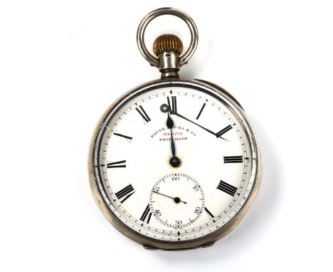 ZENITH - a Continental silver-cased open-face keyless-wind pocket watch, by Favre-Leuba & Co, white enamel dial with Roman nu