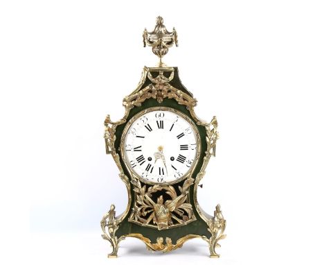 A large 19th century French green painted wood and brass 8-day mantel clock, white enamel dial with Roman numeral hour marker