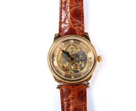 BULOVA - a gold plated stainless steel skeleton automatic wristwatch, ref. 11987, gold plated dial with Roman numeral hour ma