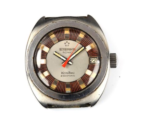 ETERNA - a Vintage stainless steel Sonic Kontiki electronic quartz wristwatch head, ref. 1550, silver and orange dial with bl