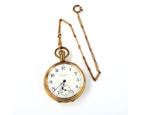 ELGIN - a gold plated open-face keyless-wind pocket watch, white enamel dial with Arabic numerals, subsidiary seconds dial an