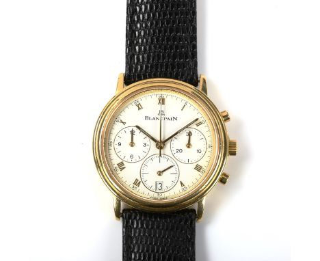 BLANCPAIN - an 18ct gold Villeret automatic chronograph wristwatch, ref. 1185-1418-55, circa 1990s, white dial with gilt Roma