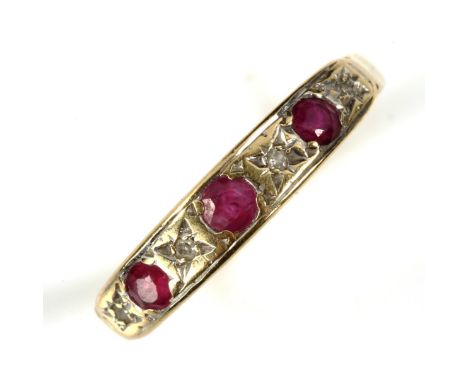 A 9ct gold ruby and diamond half hoop ring, setting height 3.8mm, size L, 1.8gNo damage or repairs, all stones present, rubie