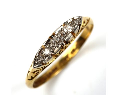 An Antique 18ct gold graduated five stone diamond half hoop ring, platinum tops with old and single-cut diamonds, setting hei