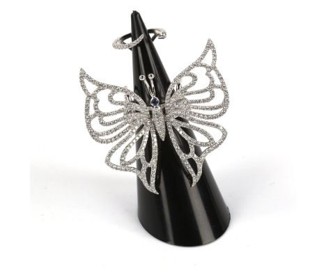 A fine 18ct white gold sapphire and diamond kinetic butterfly ring, in the style of Glenn Spiro, pave set with modern round b