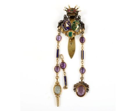 A 19th French silver and gold gem set chatelaine/fob, with figural supported crown buckle set with emerald ruby and pearl, su