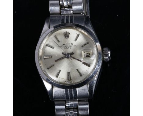 ROLEX - a lady's stainless steel Oyster perpetual date automatic bracelet watch, ref. 6519, circa 1967, silvered dial with ba