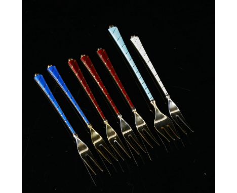 EGON LAURIDSEN - a set of 6 Danish vermeil sterling silver and enamel pastry forks, and a similar pickle fork, largest length