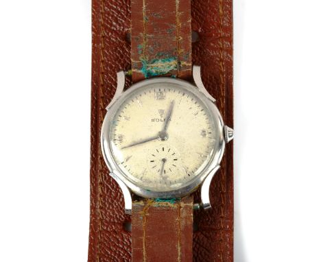 ROLEX - a stainless steel mechanical wristwatch, ref. 4542, circa 1950s, Art Deco style case with horn lugs, silvered dial, q