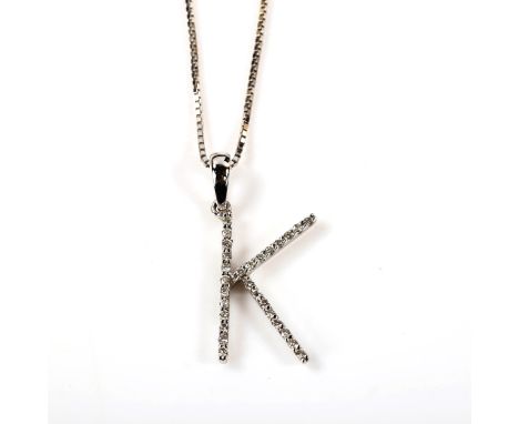 A modern 18ct white gold diamond initial K letter pendant necklace, on 18ct fine box link chain, pendant height 21.9mm, chain