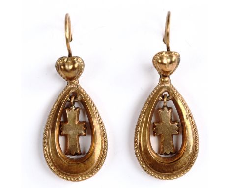 A pair of Antique 9ct gold cross and heart Creole drop earrings, with shepherd hook fittings, earring height 36mm, 1.6gNo dam