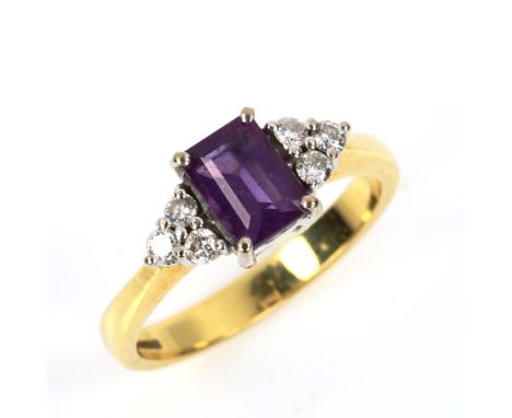 An 18ct gold amethyst and diamond dress ring, set with rectangular step-cut amethyst and round brilliant-cut diamonds, total 