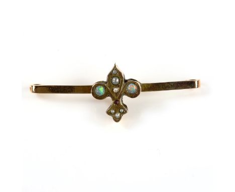 A 9ct gold opal pearl and garnet fleur de lis bar brooch, brooch length 43.9mm, 2.8gNo damage or repair, all stones present, 