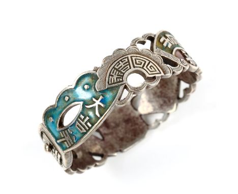 A Chinese silver and enamel hinged bangle, with character mark decoration and stamped maker's mark, band width 18.5mm, intern