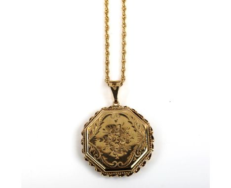 A 9ct gold octagonal photo locket pendant necklace, on 9ct Prince of Wales link chain, pendant height excluding bale 36.2mm, 