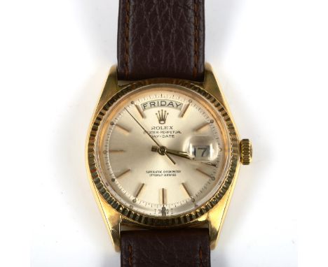 ROLEX - an 18ct gold Oyster perpetual day-date automatic wristwatch, ref. 1803, circa 1966, silvered dial with baton hour mar