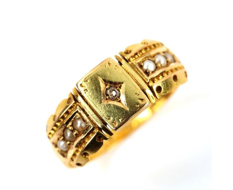 A Victorian 15ct gold diamond and pearl dress ring, hallmarks Birmingham 1886, setting height 7.6mm, size M, 2.4gNo damage or