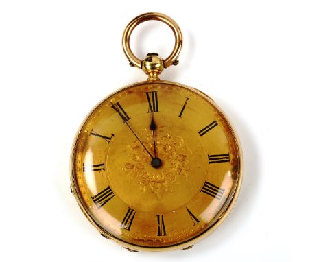 A 19th century unmarked gold open-face key-wind pocket watch, engraved gilded dial with Roman numeral hour markers, blued ste