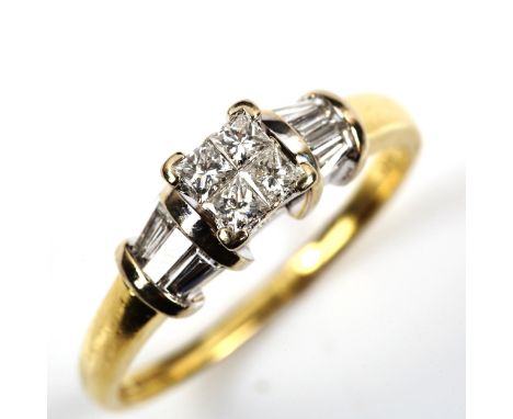 A modern 18ct gold diamond dress ring, set with Princess and tapered baguette-cut diamonds, total diamond content approx 0.5c