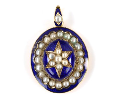An Antique unmarked gold split pearl and blue enamel memorial pendant, with central bombe star motif panel and vacant glass b