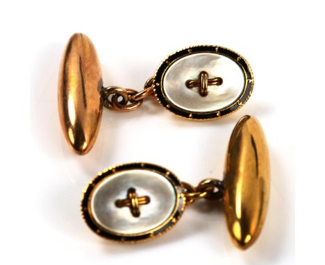 A pair of early 20th century 18ct gold mother-of-pearl and black enamel button cufflinks, with torpedo backings, oval panel l