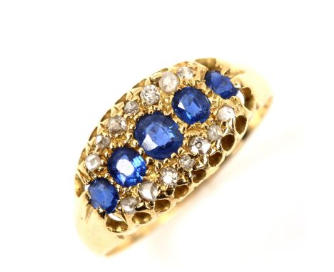 An early/mid-20th century 18ct gold sapphire and diamond cluster half hoop ring, set with oval-cut sapphires and old-cut diam
