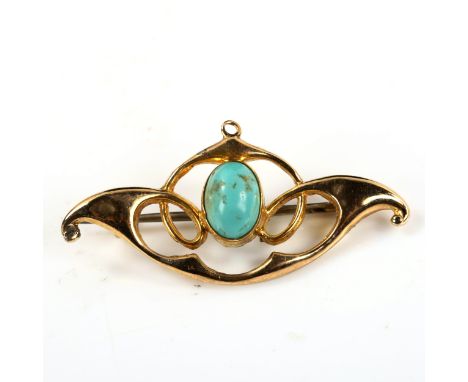 An Art Nouveau unmarked gold turquoise openwork brooch, in the style of Murrle Bennett, set with oval cabochon turquoise, bro