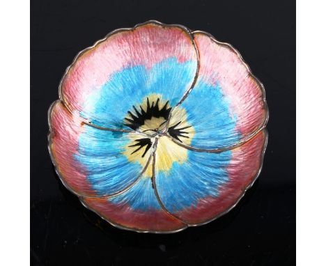 An Arts and Crafts George V silver and enamel pansy ring dish, by Arthur Johnson Smith, hallmarks Birmingham 1921, registrati