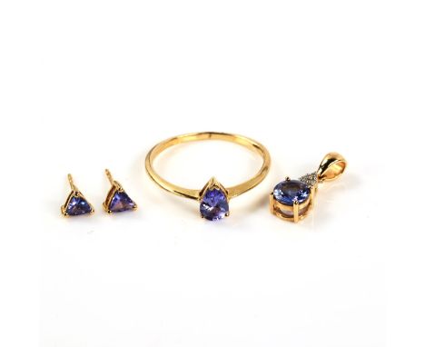 A modern 9ct gold tanzanite and diamond matching ring, pendant and earring set, ring size R, pendant height 17.5mm, 3.3g tota